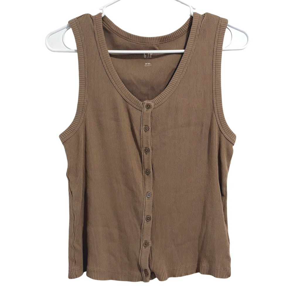 Gap Brown Ribbed Henley Tank Top V-Neck Button Front MEDIUM TALL
